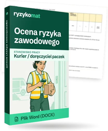 Pudełko dokumentu „Ocena ryzyka zawodowego” ze znakiem Ryzykomat i napisem „Plik Word (DOCX)” na froncie, ilustracja stanowiska „Kurier / doręczyciel paczek”; zza pudełka wystaje strona prawdziwego dokumentu z rozmytą treścią