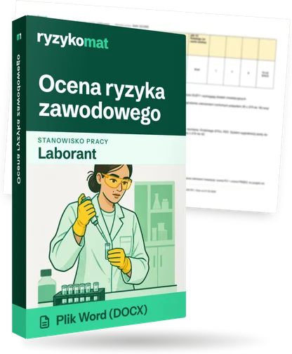 Pudełko dokumentu „Ocena ryzyka zawodowego” ze znakiem Ryzykomat i napisem „Plik Word (DOCX)” na froncie, ilustracja stanowiska „Laborant”; zza pudełka wystaje strona prawdziwego dokumentu z rozmytą treścią