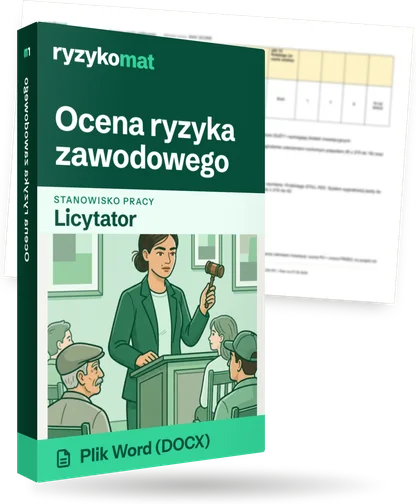 Pudełko dokumentu „Ocena ryzyka zawodowego” ze znakiem Ryzykomat i napisem „Plik Word (DOCX)” na froncie, ilustracja stanowiska „Licytator”; zza pudełka wystaje strona prawdziwego dokumentu z rozmytą treścią