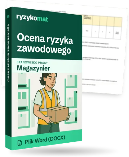 Pudełko dokumentu „Ocena ryzyka zawodowego” ze znakiem Ryzykomat i napisem „Plik Word (DOCX)” na froncie, ilustracja stanowiska „Magazynier”; zza pudełka wystaje strona prawdziwego dokumentu z rozmytą treścią