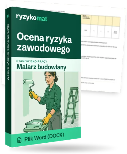 Pudełko dokumentu „Ocena ryzyka zawodowego” ze znakiem Ryzykomat i napisem „Plik Word (DOCX)” na froncie, ilustracja stanowiska „Malarz budowlany”; zza pudełka wystaje strona prawdziwego dokumentu z rozmytą treścią