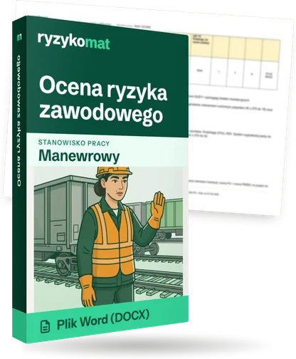 Pudełko dokumentu „Ocena ryzyka zawodowego” ze znakiem Ryzykomat i napisem „Plik Word (DOCX)” na froncie, ilustracja stanowiska „Manewrowy”; zza pudełka wystaje strona prawdziwego dokumentu z rozmytą treścią