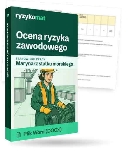 Pudełko dokumentu „Ocena ryzyka zawodowego” ze znakiem Ryzykomat i napisem „Plik Word (DOCX)” na froncie, ilustracja stanowiska „Marynarz statku morskiego”; zza pudełka wystaje strona prawdziwego dokumentu z rozmytą treścią