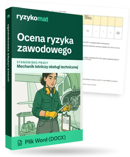 Pudełko dokumentu „Ocena ryzyka zawodowego” ze znakiem Ryzykomat i napisem „Plik Word (DOCX)” na froncie, ilustracja stanowiska „Mechanik lotniczy obsługi technicznej”; zza pudełka wystaje strona prawdziwego dokumentu z rozmytą treścią