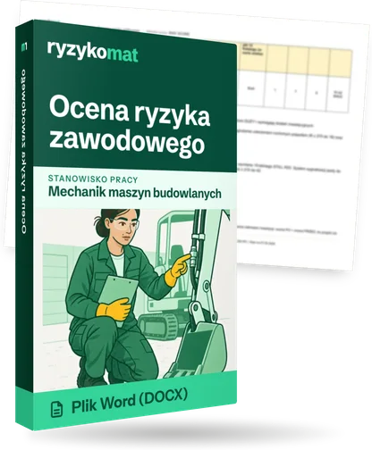 Pudełko dokumentu „Ocena ryzyka zawodowego” ze znakiem Ryzykomat i napisem „Plik Word (DOCX)” na froncie, ilustracja stanowiska „Mechanik maszyn budowlanych”; zza pudełka wystaje strona prawdziwego dokumentu z rozmytą treścią