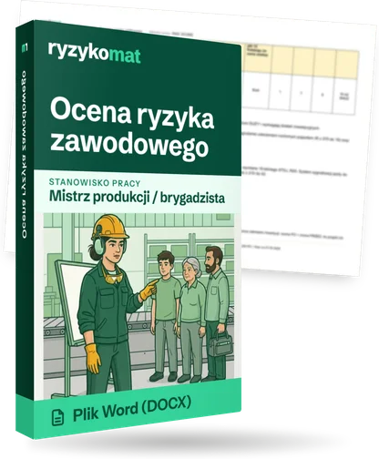 Pudełko dokumentu „Ocena ryzyka zawodowego” ze znakiem Ryzykomat i napisem „Plik Word (DOCX)” na froncie, ilustracja stanowiska „Mistrz produkcji / brygadzista”; zza pudełka wystaje strona prawdziwego dokumentu z rozmytą treścią