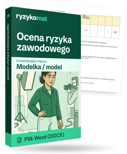 Pudełko dokumentu „Ocena ryzyka zawodowego” ze znakiem Ryzykomat i napisem „Plik Word (DOCX)” na froncie, ilustracja stanowiska „Modelka / model”; zza pudełka wystaje strona prawdziwego dokumentu z rozmytą treścią