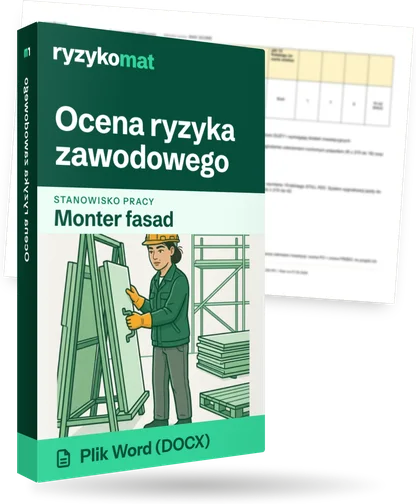 Pudełko dokumentu „Ocena ryzyka zawodowego” ze znakiem Ryzykomat i napisem „Plik Word (DOCX)” na froncie, ilustracja stanowiska „Monter fasad”; zza pudełka wystaje strona prawdziwego dokumentu z rozmytą treścią