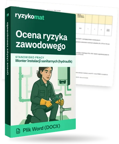 Pudełko dokumentu „Ocena ryzyka zawodowego” ze znakiem Ryzykomat i napisem „Plik Word (DOCX)” na froncie, ilustracja stanowiska „Monter instalacji sanitarnych (hydraulik)”; zza pudełka wystaje strona prawdziwego dokumentu z rozmytą treścią