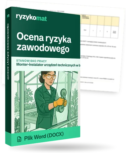 Pudełko dokumentu „Ocena ryzyka zawodowego” ze znakiem Ryzykomat i napisem „Plik Word (DOCX)” na froncie, ilustracja stanowiska „Monter-instalator urządzeń technicznych w budownictwie wiejskim”; zza pudełka wystaje strona prawdziwego dokumentu z rozmytą treścią