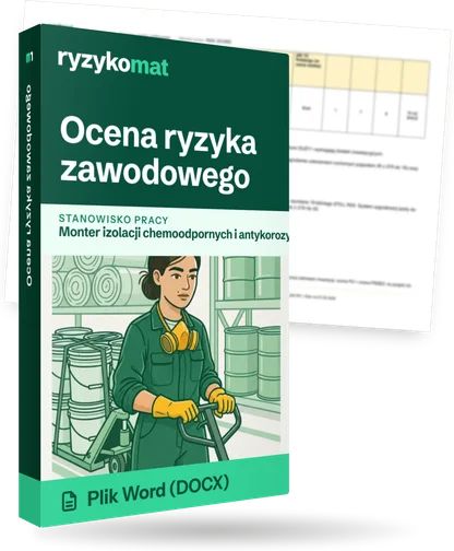 Pudełko dokumentu „Ocena ryzyka zawodowego” ze znakiem Ryzykomat i napisem „Plik Word (DOCX)” na froncie, ilustracja stanowiska „Monter izolacji chemoodpornych i antykorozyjnych”; zza pudełka wystaje strona prawdziwego dokumentu z rozmytą treścią