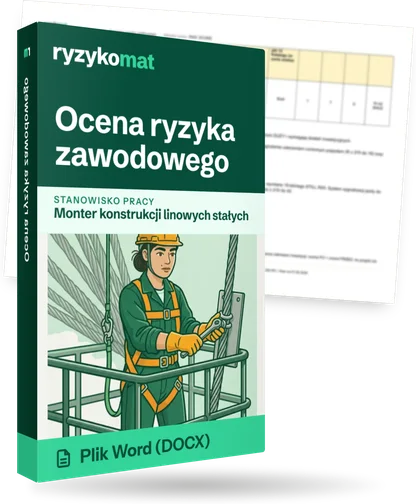 Pudełko dokumentu „Ocena ryzyka zawodowego” ze znakiem Ryzykomat i napisem „Plik Word (DOCX)” na froncie, ilustracja stanowiska „Monter konstrukcji linowych stałych”; zza pudełka wystaje strona prawdziwego dokumentu z rozmytą treścią