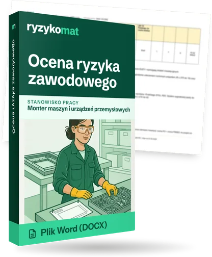 Pudełko dokumentu „Ocena ryzyka zawodowego” ze znakiem Ryzykomat i napisem „Plik Word (DOCX)” na froncie, ilustracja stanowiska „Monter maszyn i urządzeń przemysłowych”; zza pudełka wystaje strona prawdziwego dokumentu z rozmytą treścią