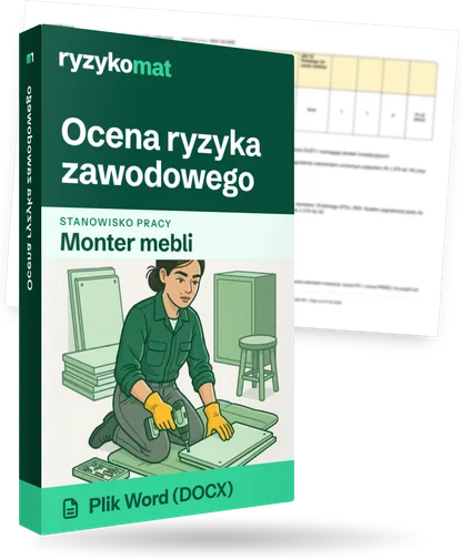 Pudełko dokumentu „Ocena ryzyka zawodowego” ze znakiem Ryzykomat i napisem „Plik Word (DOCX)” na froncie, ilustracja stanowiska „Monter mebli”; zza pudełka wystaje strona prawdziwego dokumentu z rozmytą treścią