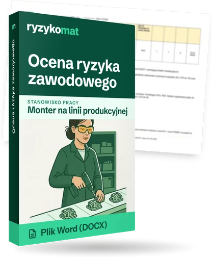 Pudełko dokumentu „Ocena ryzyka zawodowego” ze znakiem Ryzykomat i napisem „Plik Word (DOCX)” na froncie, ilustracja stanowiska „Monter na linii produkcyjnej”; zza pudełka wystaje strona prawdziwego dokumentu z rozmytą treścią
