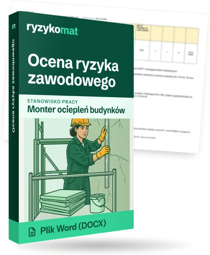 Pudełko dokumentu „Ocena ryzyka zawodowego” ze znakiem Ryzykomat i napisem „Plik Word (DOCX)” na froncie, ilustracja stanowiska „Monter ociepleń budynków”; zza pudełka wystaje strona prawdziwego dokumentu z rozmytą treścią