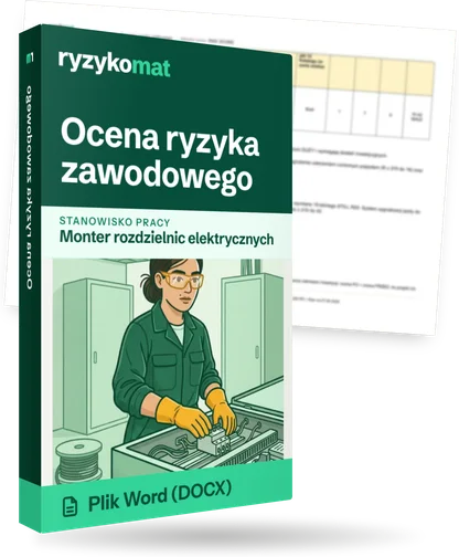 Pudełko dokumentu „Ocena ryzyka zawodowego” ze znakiem Ryzykomat i napisem „Plik Word (DOCX)” na froncie, ilustracja stanowiska „Monter rozdzielnic elektrycznych”; zza pudełka wystaje strona prawdziwego dokumentu z rozmytą treścią
