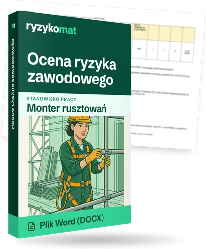 Pudełko dokumentu „Ocena ryzyka zawodowego” ze znakiem Ryzykomat i napisem „Plik Word (DOCX)” na froncie, ilustracja stanowiska „Monter rusztowań”; zza pudełka wystaje strona prawdziwego dokumentu z rozmytą treścią