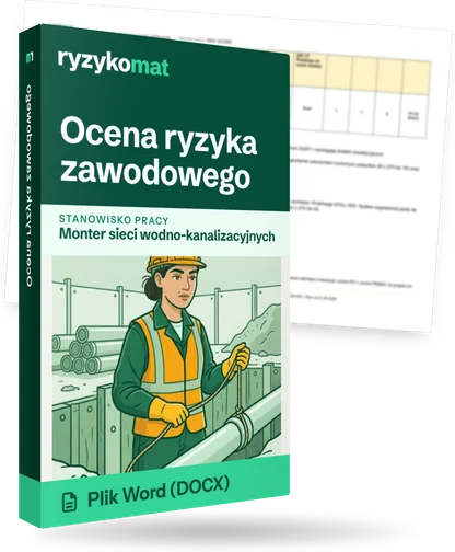 Pudełko dokumentu „Ocena ryzyka zawodowego” ze znakiem Ryzykomat i napisem „Plik Word (DOCX)” na froncie, ilustracja stanowiska „Monter sieci wodno-kanalizacyjnych”; zza pudełka wystaje strona prawdziwego dokumentu z rozmytą treścią