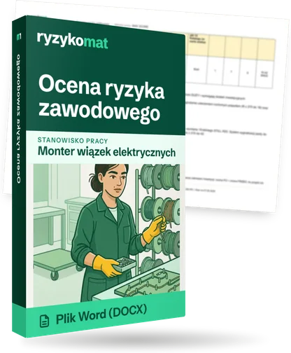 Pudełko dokumentu „Ocena ryzyka zawodowego” ze znakiem Ryzykomat i napisem „Plik Word (DOCX)” na froncie, ilustracja stanowiska „Monter wiązek elektrycznych”; zza pudełka wystaje strona prawdziwego dokumentu z rozmytą treścią