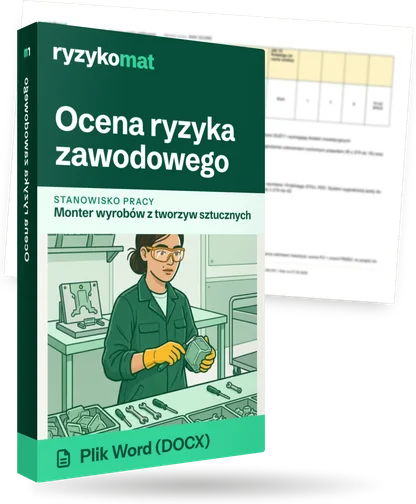 Pudełko dokumentu „Ocena ryzyka zawodowego” ze znakiem Ryzykomat i napisem „Plik Word (DOCX)” na froncie, ilustracja stanowiska „Monter wyrobów z tworzyw sztucznych”; zza pudełka wystaje strona prawdziwego dokumentu z rozmytą treścią