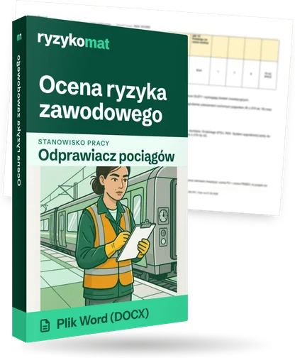 Pudełko dokumentu „Ocena ryzyka zawodowego” ze znakiem Ryzykomat i napisem „Plik Word (DOCX)” na froncie, ilustracja stanowiska „Odprawiacz pociągów”; zza pudełka wystaje strona prawdziwego dokumentu z rozmytą treścią