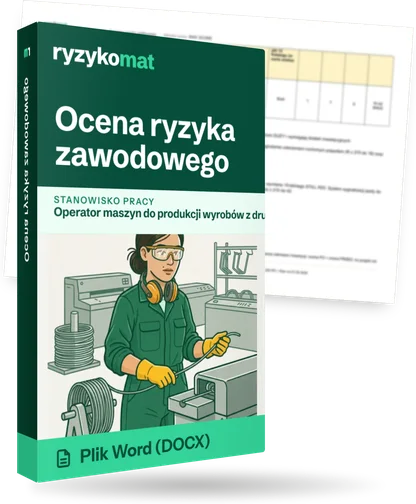 Pudełko dokumentu „Ocena ryzyka zawodowego” ze znakiem Ryzykomat i napisem „Plik Word (DOCX)” na froncie, ilustracja stanowiska „Operator maszyn do produkcji wyrobów z drutu i siatek”; zza pudełka wystaje strona prawdziwego dokumentu z rozmytą treścią