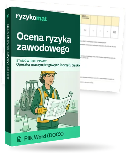 Pudełko dokumentu „Ocena ryzyka zawodowego” ze znakiem Ryzykomat i napisem „Plik Word (DOCX)” na froncie, ilustracja stanowiska „Operator maszyn drogowych i sprzętu ciężkiego”; zza pudełka wystaje strona prawdziwego dokumentu z rozmytą treścią