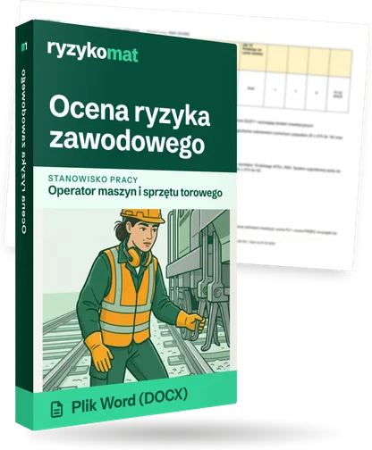 Pudełko dokumentu „Ocena ryzyka zawodowego” ze znakiem Ryzykomat i napisem „Plik Word (DOCX)” na froncie, ilustracja stanowiska „Operator maszyn i sprzętu torowego”; zza pudełka wystaje strona prawdziwego dokumentu z rozmytą treścią