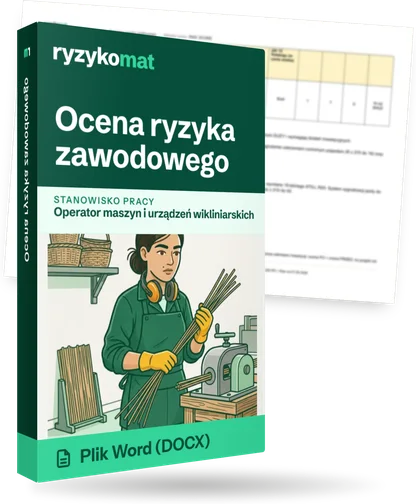 Pudełko dokumentu „Ocena ryzyka zawodowego” ze znakiem Ryzykomat i napisem „Plik Word (DOCX)” na froncie, ilustracja stanowiska „Operator maszyn i urządzeń wikliniarskich”; zza pudełka wystaje strona prawdziwego dokumentu z rozmytą treścią