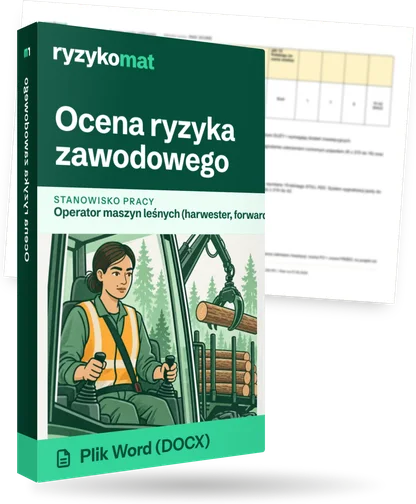 Pudełko dokumentu „Ocena ryzyka zawodowego” ze znakiem Ryzykomat i napisem „Plik Word (DOCX)” na froncie, ilustracja stanowiska „Operator maszyn leśnych (harwester, forwarder)”; zza pudełka wystaje strona prawdziwego dokumentu z rozmytą treścią