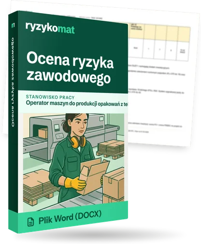 Pudełko dokumentu „Ocena ryzyka zawodowego” ze znakiem Ryzykomat i napisem „Plik Word (DOCX)” na froncie, ilustracja stanowiska „Operator maszyn do produkcji opakowań z tektury”; zza pudełka wystaje strona prawdziwego dokumentu z rozmytą treścią