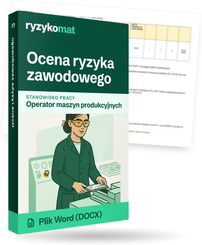 Pudełko dokumentu „Ocena ryzyka zawodowego” ze znakiem Ryzykomat i napisem „Plik Word (DOCX)” na froncie, ilustracja stanowiska „Operator maszyn produkcyjnych”; zza pudełka wystaje strona prawdziwego dokumentu z rozmytą treścią