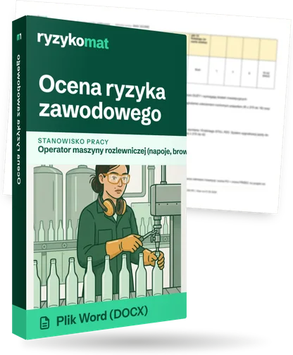 Pudełko dokumentu „Ocena ryzyka zawodowego” ze znakiem Ryzykomat i napisem „Plik Word (DOCX)” na froncie, ilustracja stanowiska „Operator maszyny rozlewniczej (napoje, browar)”; zza pudełka wystaje strona prawdziwego dokumentu z rozmytą treścią