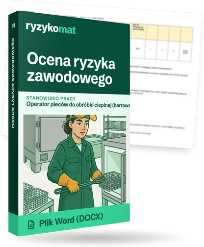 Pudełko dokumentu „Ocena ryzyka zawodowego” ze znakiem Ryzykomat i napisem „Plik Word (DOCX)” na froncie, ilustracja stanowiska „Operator pieców do obróbki cieplnej (hartownia)”; zza pudełka wystaje strona prawdziwego dokumentu z rozmytą treścią