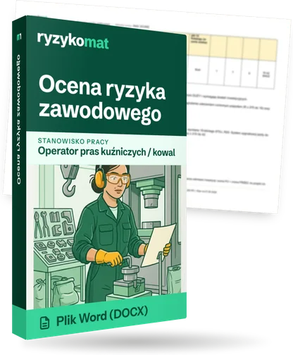 Pudełko dokumentu „Ocena ryzyka zawodowego” ze znakiem Ryzykomat i napisem „Plik Word (DOCX)” na froncie, ilustracja stanowiska „Operator pras kuźniczych / kowal”; zza pudełka wystaje strona prawdziwego dokumentu z rozmytą treścią
