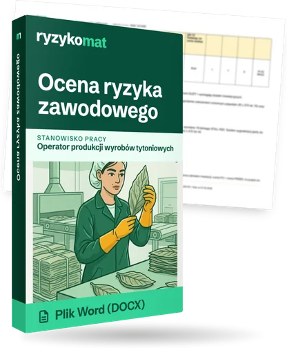 Pudełko dokumentu „Ocena ryzyka zawodowego” ze znakiem Ryzykomat i napisem „Plik Word (DOCX)” na froncie, ilustracja stanowiska „Operator produkcji wyrobów tytoniowych”; zza pudełka wystaje strona prawdziwego dokumentu z rozmytą treścią