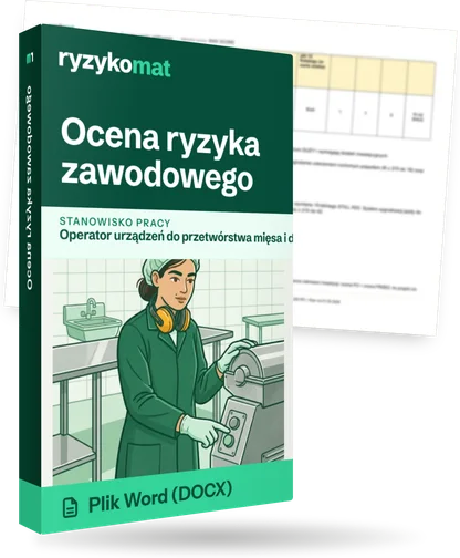 Pudełko dokumentu „Ocena ryzyka zawodowego” ze znakiem Ryzykomat i napisem „Plik Word (DOCX)” na froncie, ilustracja stanowiska „Operator urządzeń do przetwórstwa mięsa i drobiu”; zza pudełka wystaje strona prawdziwego dokumentu z rozmytą treścią