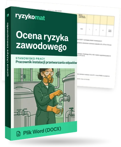Pudełko dokumentu „Ocena ryzyka zawodowego” ze znakiem Ryzykomat i napisem „Plik Word (DOCX)” na froncie, ilustracja stanowiska „Pracownik instalacji przetwarzania odpadów”; zza pudełka wystaje strona prawdziwego dokumentu z rozmytą treścią