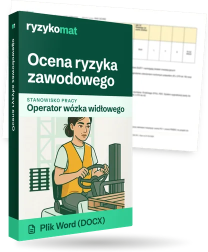 Pudełko dokumentu „Ocena ryzyka zawodowego” ze znakiem Ryzykomat i napisem „Plik Word (DOCX)” na froncie, ilustracja stanowiska „Operator wózka widłowego”; zza pudełka wystaje strona prawdziwego dokumentu z rozmytą treścią