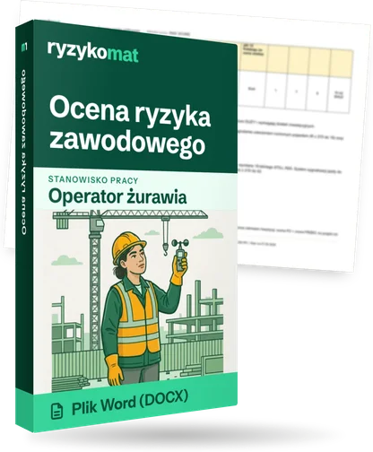 Pudełko dokumentu „Ocena ryzyka zawodowego” ze znakiem Ryzykomat i napisem „Plik Word (DOCX)” na froncie, ilustracja stanowiska „Operator żurawia”; zza pudełka wystaje strona prawdziwego dokumentu z rozmytą treścią