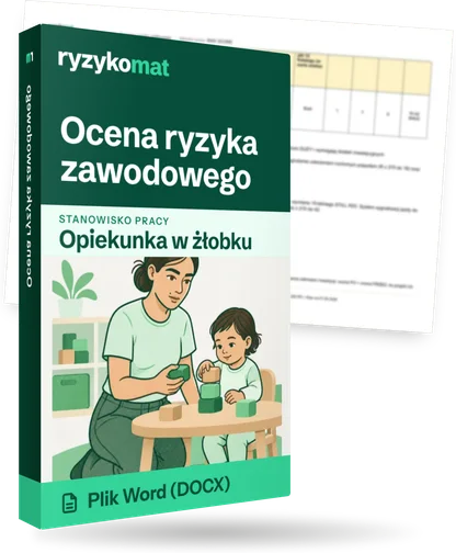 Pudełko dokumentu „Ocena ryzyka zawodowego” ze znakiem Ryzykomat i napisem „Plik Word (DOCX)” na froncie, ilustracja stanowiska „Opiekunka w żłobku”; zza pudełka wystaje strona prawdziwego dokumentu z rozmytą treścią