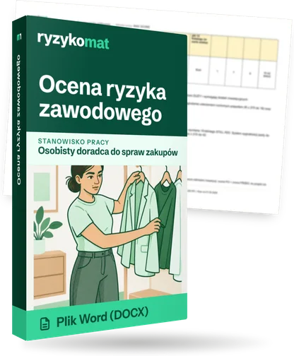 Pudełko dokumentu „Ocena ryzyka zawodowego” ze znakiem Ryzykomat i napisem „Plik Word (DOCX)” na froncie, ilustracja stanowiska „Osobisty doradca do spraw zakupów”; zza pudełka wystaje strona prawdziwego dokumentu z rozmytą treścią