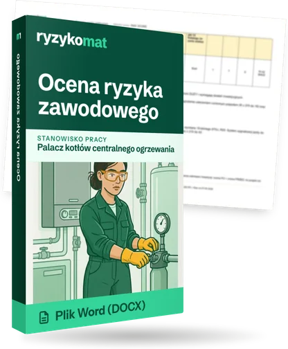 Pudełko dokumentu „Ocena ryzyka zawodowego” ze znakiem Ryzykomat i napisem „Plik Word (DOCX)” na froncie, ilustracja stanowiska „Palacz kotłów centralnego ogrzewania”; zza pudełka wystaje strona prawdziwego dokumentu z rozmytą treścią