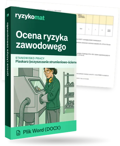 Pudełko dokumentu „Ocena ryzyka zawodowego” ze znakiem Ryzykomat i napisem „Plik Word (DOCX)” na froncie, ilustracja stanowiska „Piaskarz (oczyszczanie strumieniowo-ścierne)”; zza pudełka wystaje strona prawdziwego dokumentu z rozmytą treścią