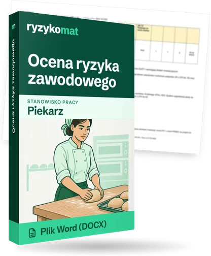 Pudełko dokumentu „Ocena ryzyka zawodowego” ze znakiem Ryzykomat i napisem „Plik Word (DOCX)” na froncie, ilustracja stanowiska „Piekarz”; zza pudełka wystaje strona prawdziwego dokumentu z rozmytą treścią