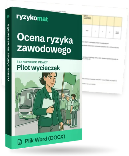 Pudełko dokumentu „Ocena ryzyka zawodowego” ze znakiem Ryzykomat i napisem „Plik Word (DOCX)” na froncie, ilustracja stanowiska „Pilot wycieczek”; zza pudełka wystaje strona prawdziwego dokumentu z rozmytą treścią