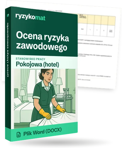 Pudełko dokumentu „Ocena ryzyka zawodowego” ze znakiem Ryzykomat i napisem „Plik Word (DOCX)” na froncie, ilustracja stanowiska „Pokojowa (hotel)”; zza pudełka wystaje strona prawdziwego dokumentu z rozmytą treścią