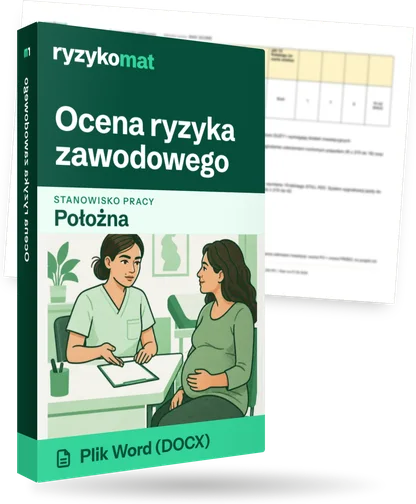 Pudełko dokumentu „Ocena ryzyka zawodowego” ze znakiem Ryzykomat i napisem „Plik Word (DOCX)” na froncie, ilustracja stanowiska „Położna”; zza pudełka wystaje strona prawdziwego dokumentu z rozmytą treścią