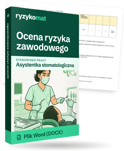 Pudełko dokumentu „Ocena ryzyka zawodowego” ze znakiem Ryzykomat i napisem „Plik Word (DOCX)” na froncie, ilustracja stanowiska „Asystentka stomatologiczna”; zza pudełka wystaje strona prawdziwego dokumentu z rozmytą treścią